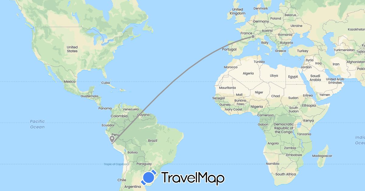 TravelMap itinerary: plane in France, Peru (Europe, South America)
